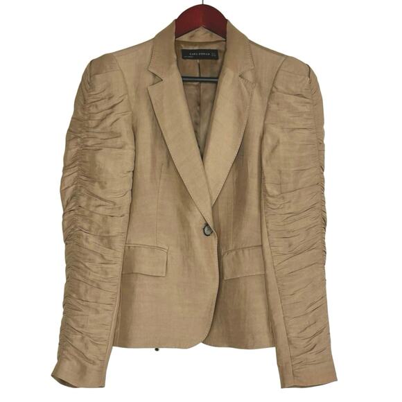 Tan Ruched Sleeve Women's Blazer - Picture 5 of 7